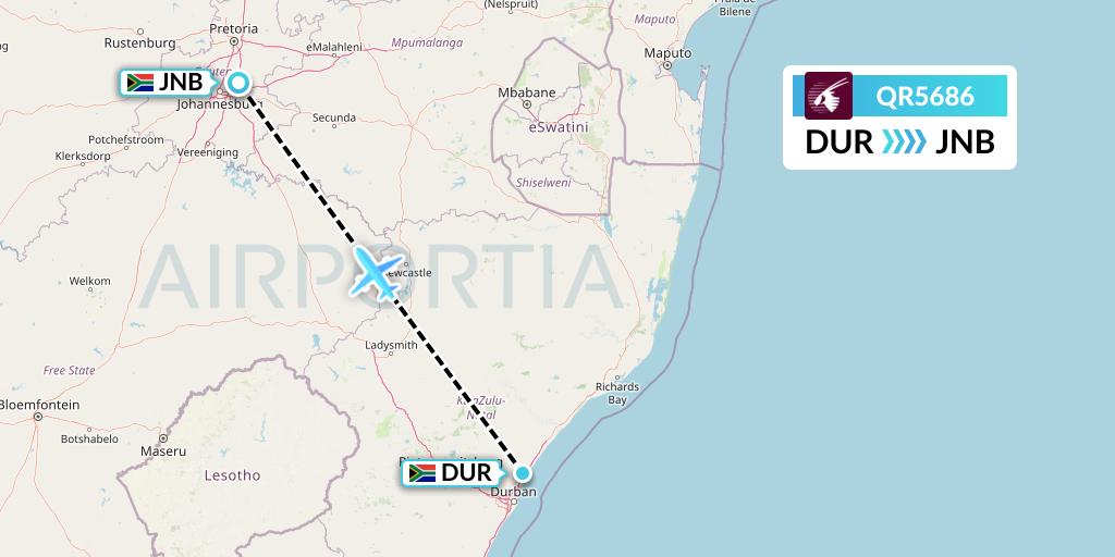 QR5686 Qatar Airways Flight Map: Durban to Johannesburg