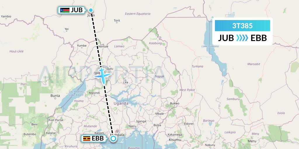 3T385 Tarco Airlines Flight Map: Juba to Entebbe