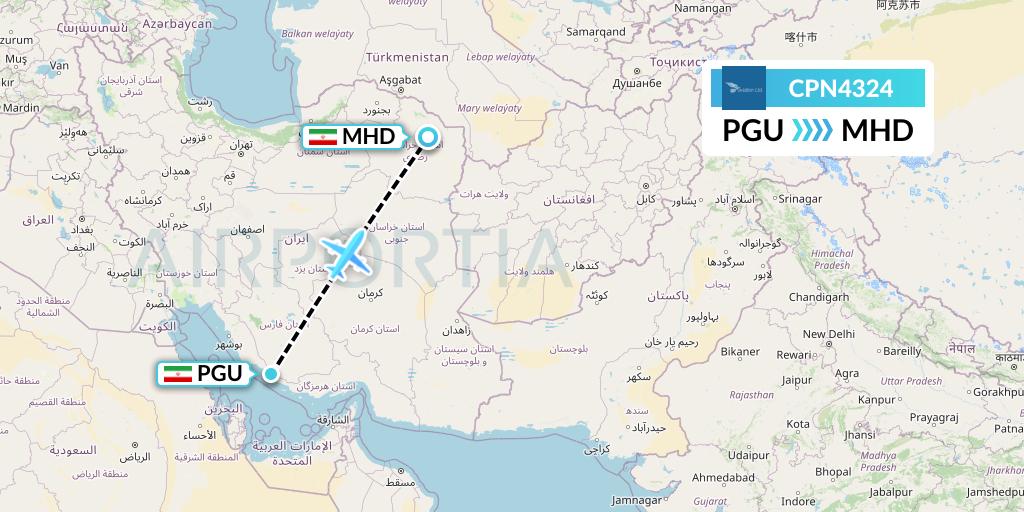 CPN4324 Caspian Airlines Flight Map: Assaluyeh to Mashhad
