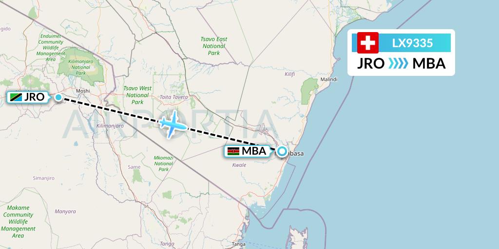 LX9335 Swiss Flight Map: Kilimanjaro to Mombasa