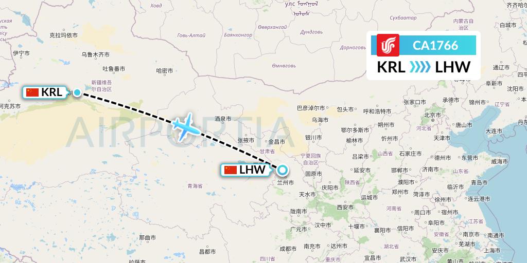 CA1766 Air China Flight Map: Korla to Lanzhou