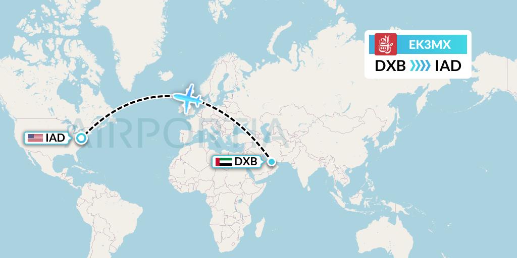 EK3MX Emirates Flight Map: Dubai to Washington