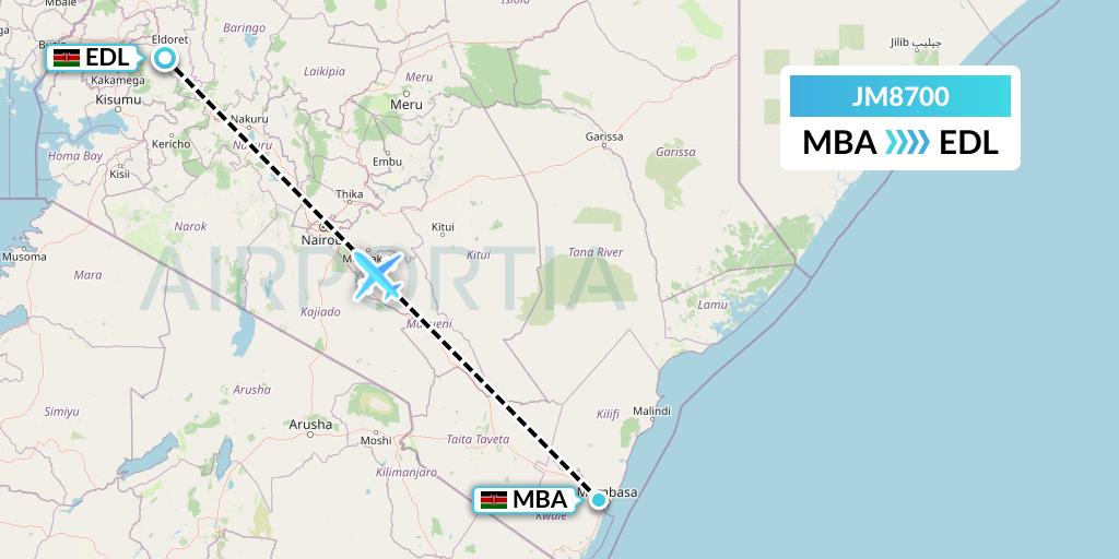 JM8700 Jambojet Limited Flight Map: Mombasa to Eldoret