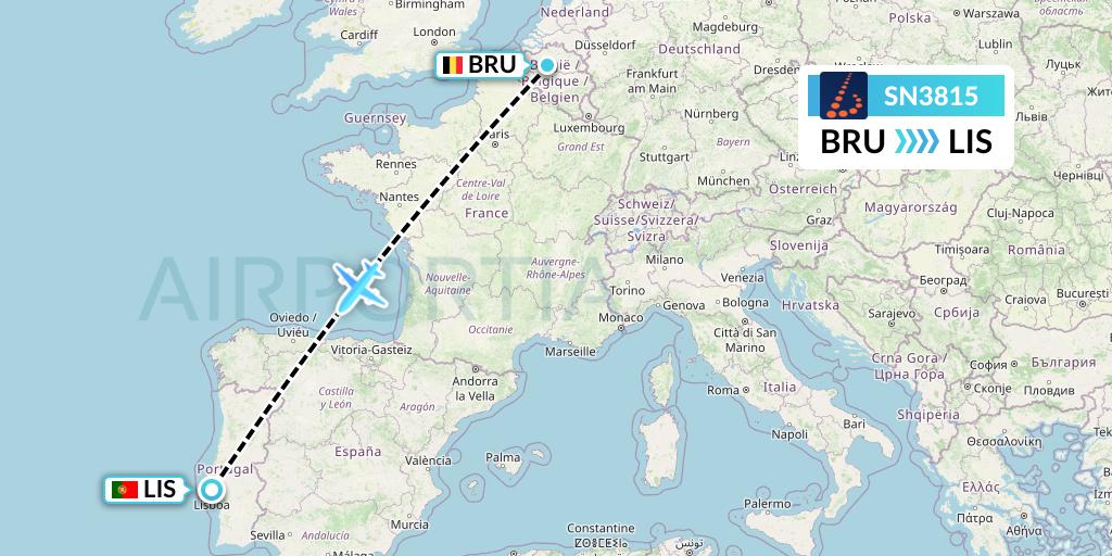 SN3815 Brussels Airlines Flight Map: Brussels to Lisbon