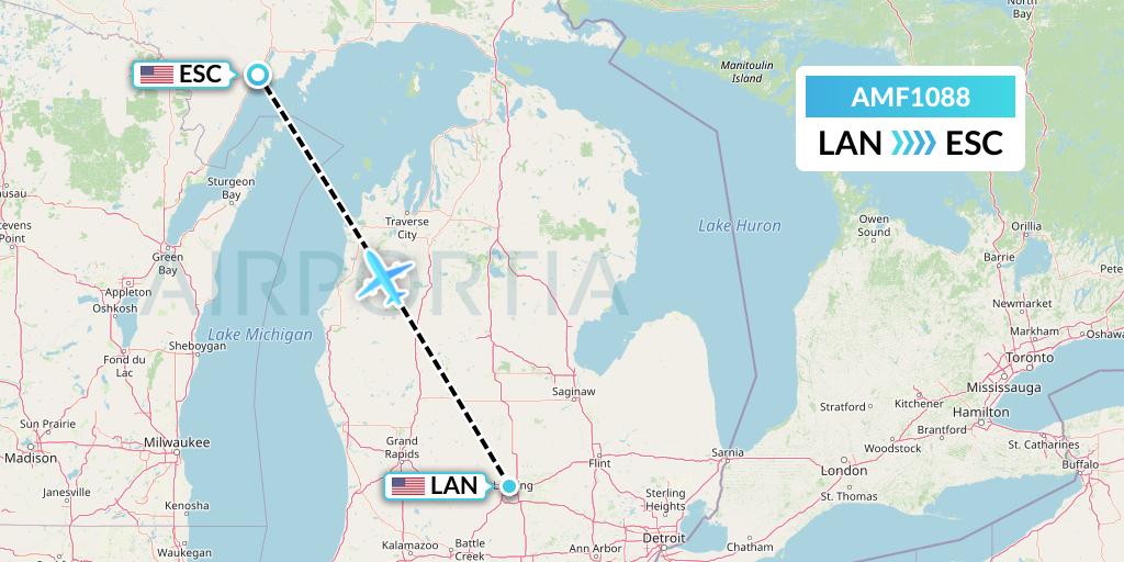 AMF1088 Ameriflight Flight Map: Lansing to Escanaba