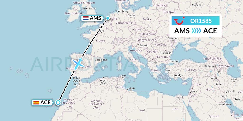 OR1585 TUI fly Netherlands Flight Map: Amsterdam to Lanzarote