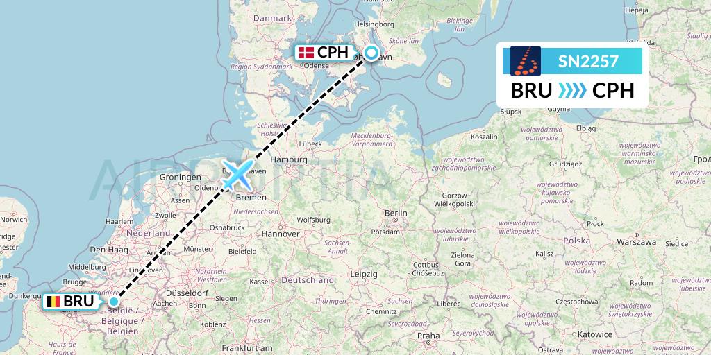 SN2257 Brussels Airlines Flight Map: Brussels to Copenhagen