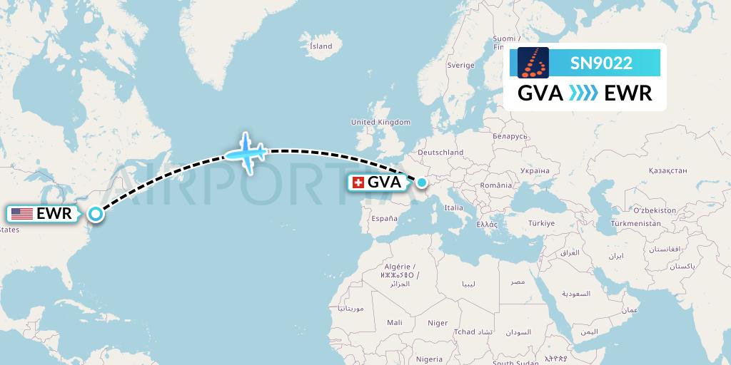 SN9022 Brussels Airlines Flight Map: Geneva to New York