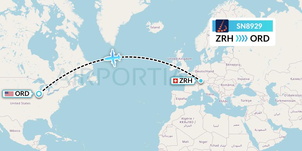 SN8929 Brussels Airlines Flight Map: Zurich to Chicago