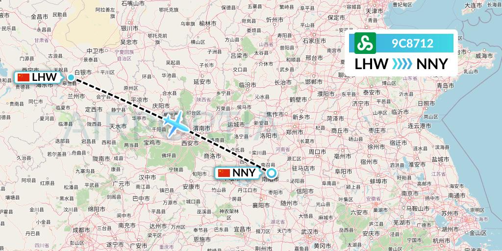 9C8712 Spring Airlines Flight Map: Lanzhou to Nanyang
