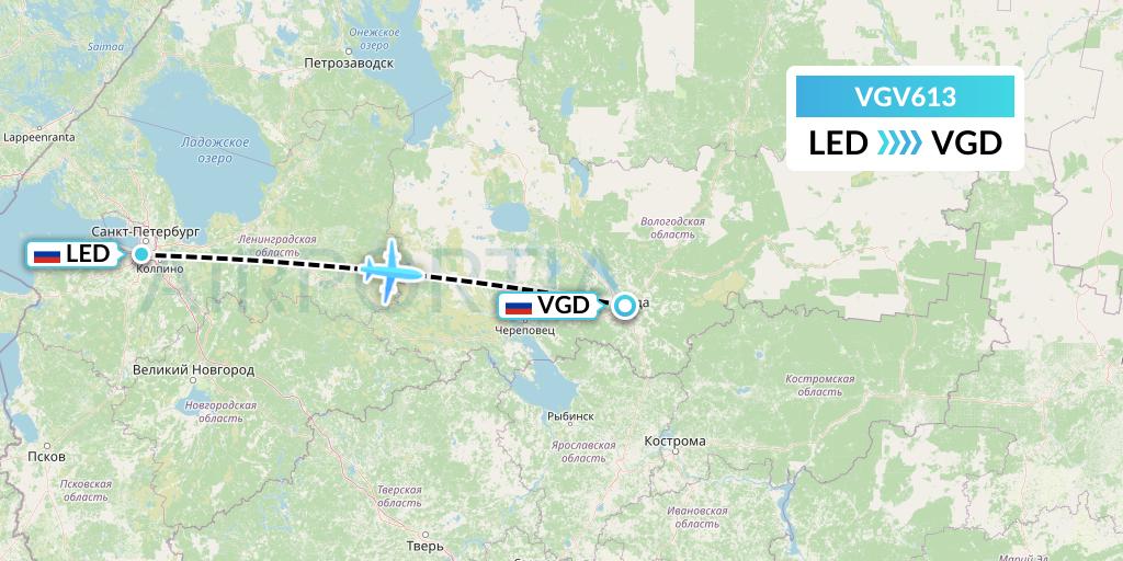 VGV613 Vologda Air Enterprise Flight Map: St. Petersburg to Vologda