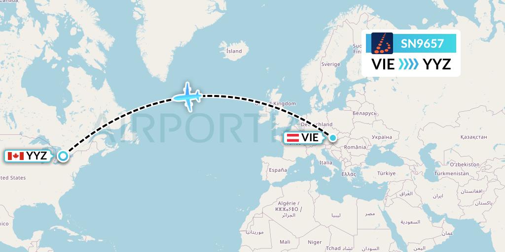 SN9657 Brussels Airlines Flight Map: Vienna to Toronto
