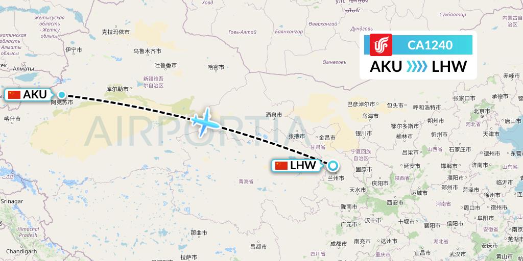 CA1240 Air China Flight Map: Aksu to Lanzhou