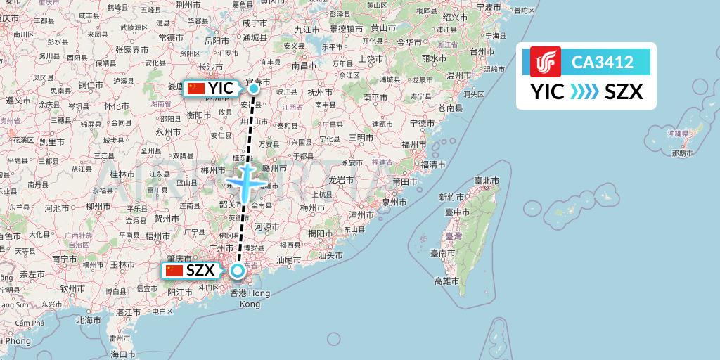 CA3412 Air China Flight Map: Yichun to Shenzhen