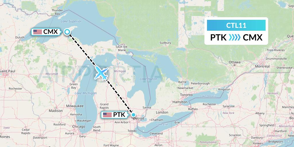 CTL11 Central Airlines Flight Map: Oakland County to Hancock