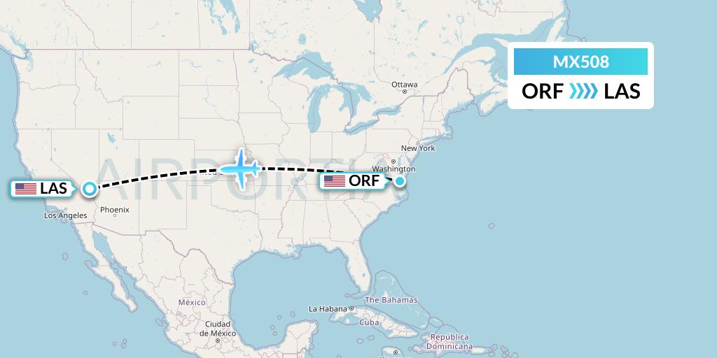 MX508 Breeze Airways Flight Map: Norfolk to Las Vegas