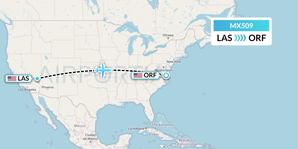MX509 Breeze Airways Flight Map: Las Vegas to Norfolk
