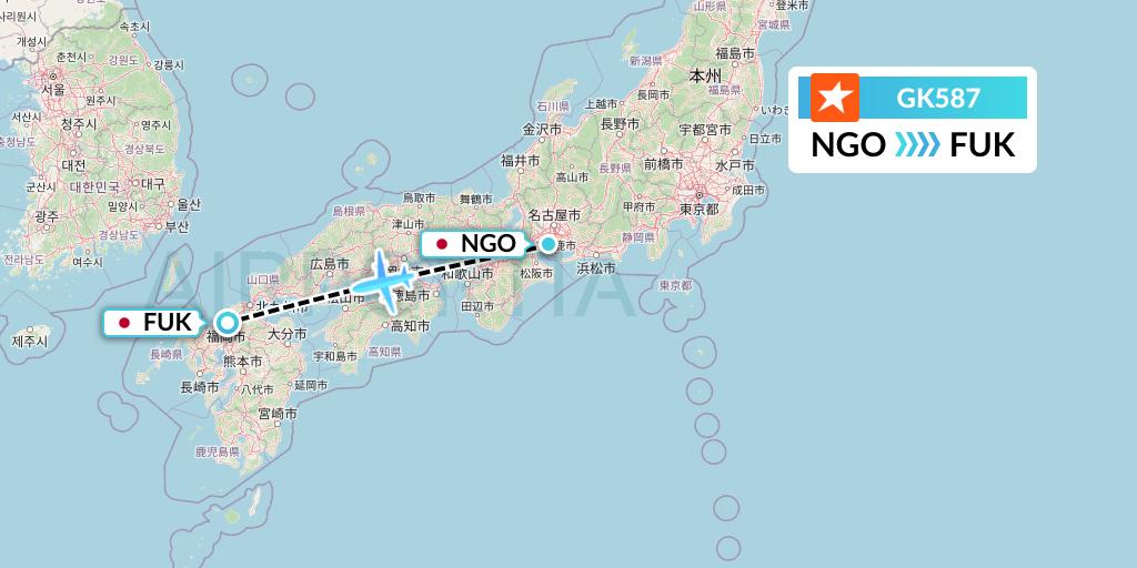 GK587 JetStar Japan Flight Map: Nagoya to Fukuoka