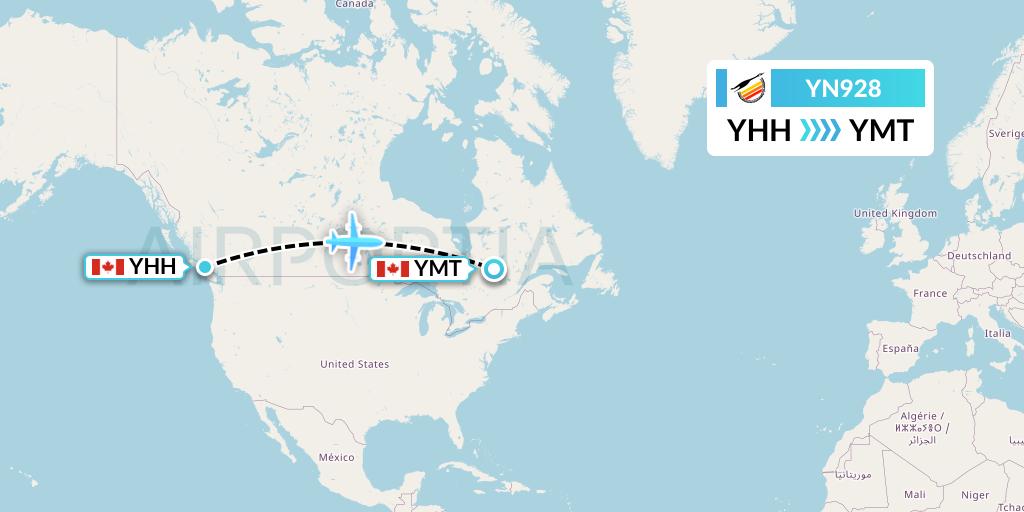 YN928 Air Creebec Flight Map: Campbell River to Chibougamau