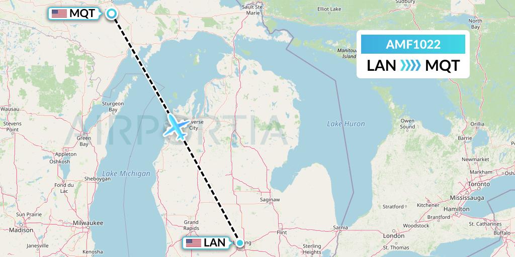 AMF1022 Ameriflight Flight Map: Lansing to Marquette