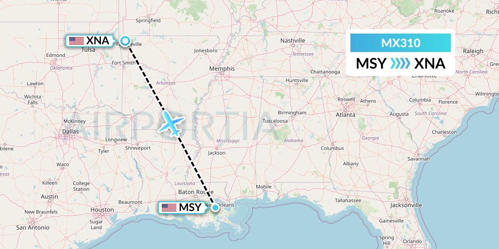 MX310 Breeze Airways Flight Map: New Orleans to Bentonville
