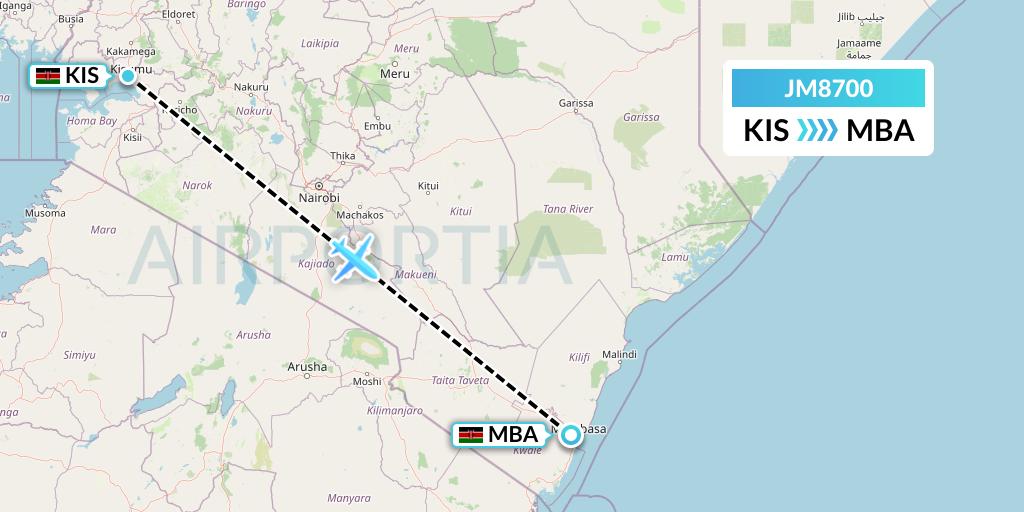 JM8700 Jambojet Limited Flight Map: Kisumu to Mombasa