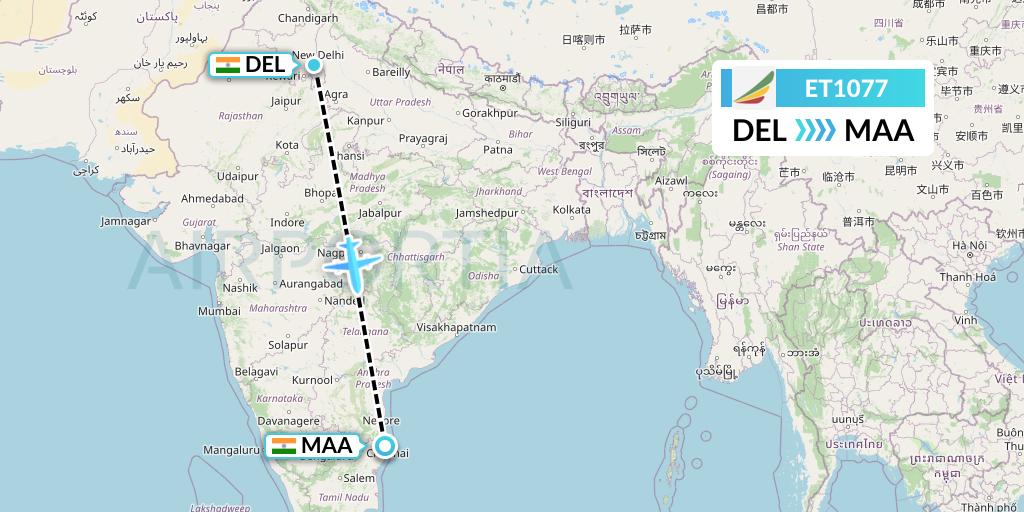 ET1077 Ethiopian Airlines Flight Map: Delhi to Chennai