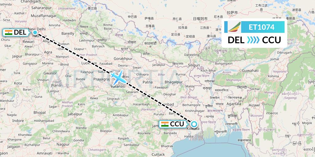ET1074 Ethiopian Airlines Flight Map: Delhi to Kolkata