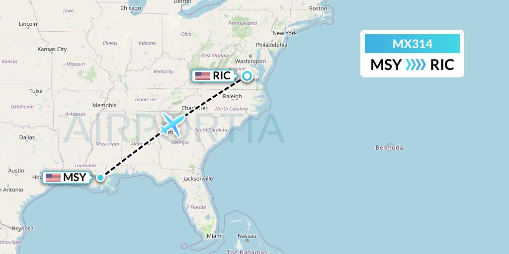 MX314 Breeze Airways Flight Map: New Orleans to Richmond