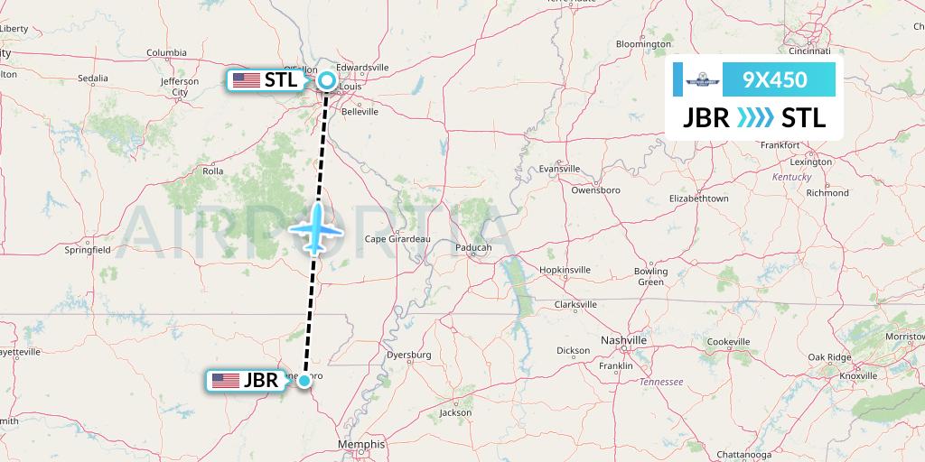 9X450 Southern Airways Express Flight Map: Jonesboro to St. Louis