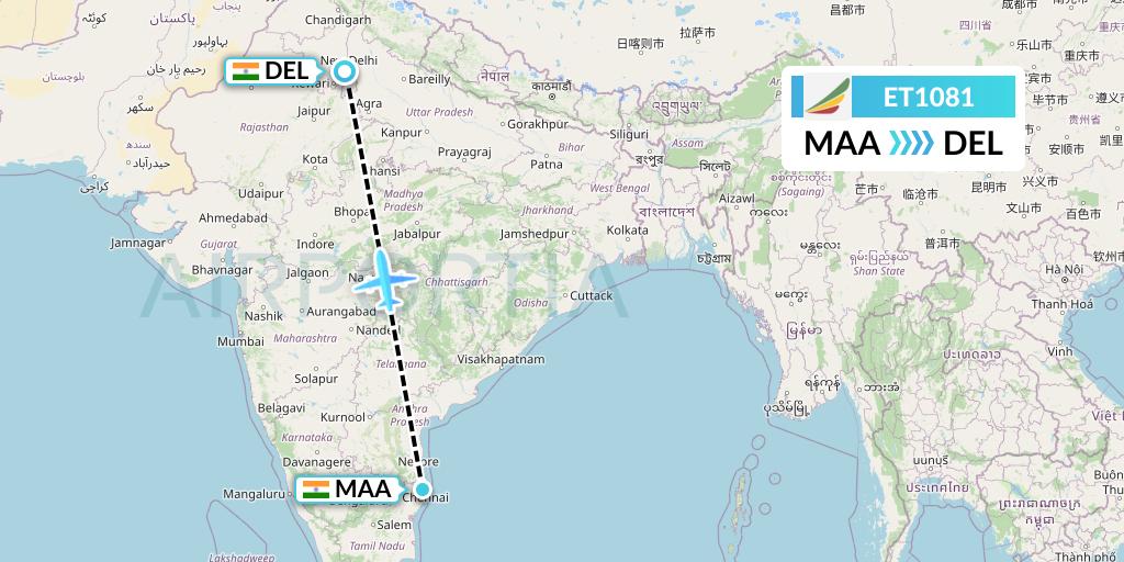 ET1081 Ethiopian Airlines Flight Map: Chennai to Delhi