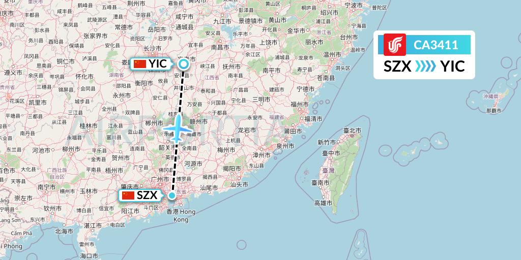 CA3411 Air China Flight Map: Shenzhen to Yichun