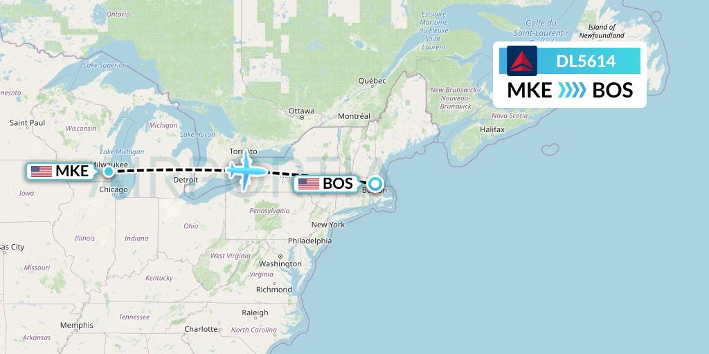 DL5614 Delta Air Lines Flight Map: Milwaukee to Boston