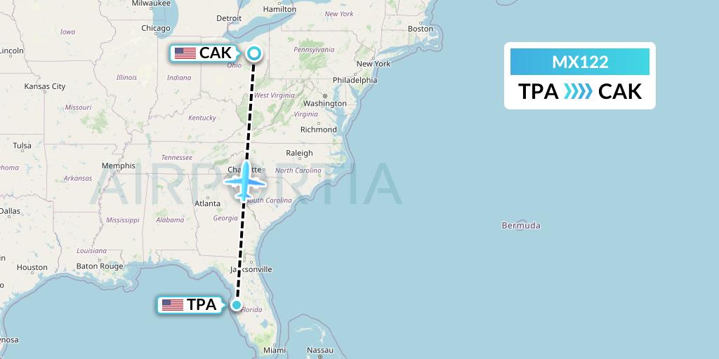 MX122 Breeze Airways Flight Map: Tampa to Akron