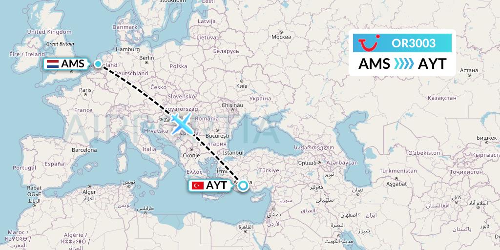 OR3003 TUI fly Netherlands Flight Map: Amsterdam to Antalya