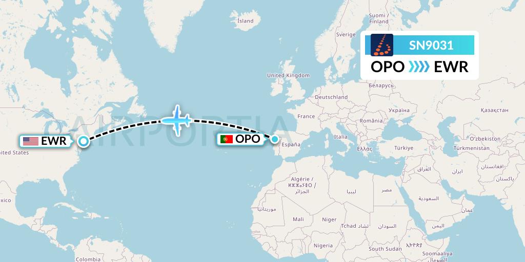SN9031 Brussels Airlines Flight Map: Porto to New York