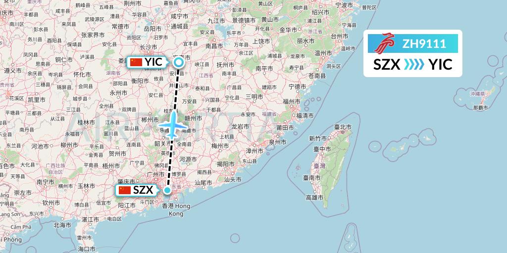 ZH9111 Shenzhen Airlines Flight Map: Shenzhen to Yichun