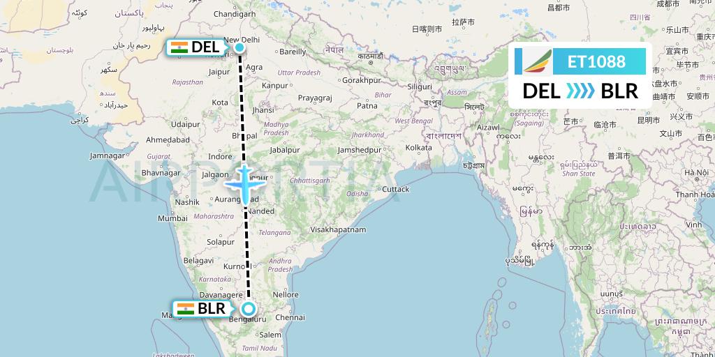 ET1088 Ethiopian Airlines Flight Map: Delhi to Bangalore