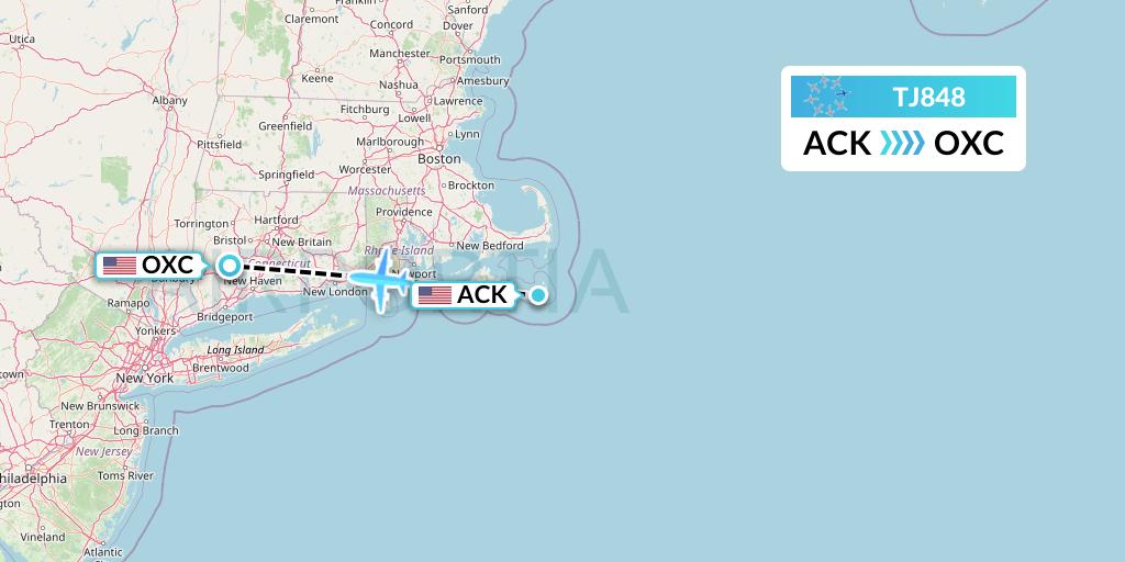 TJ848 Tradewind Aviation Flight Map: Nantucket to Oxford
