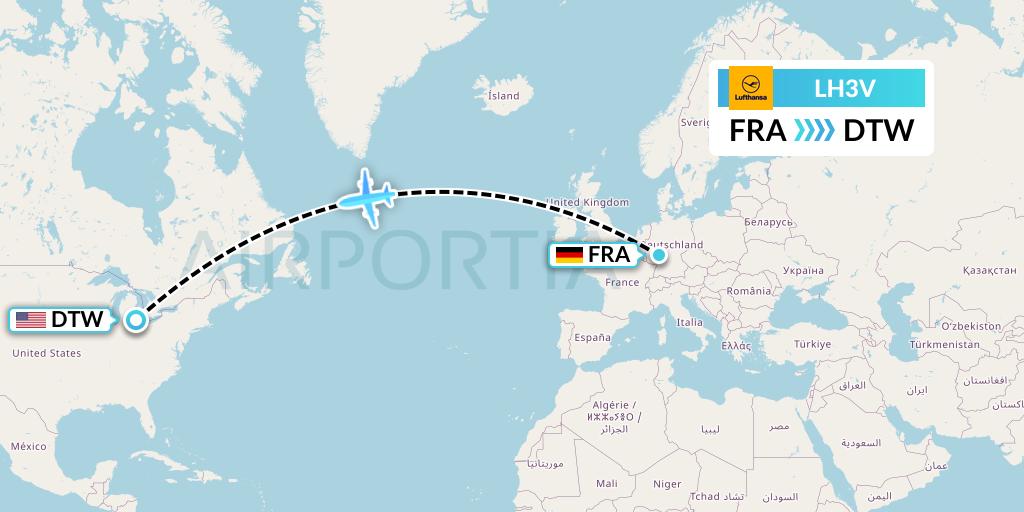 LH3V Lufthansa Flight Map: Frankfurt to Detroit