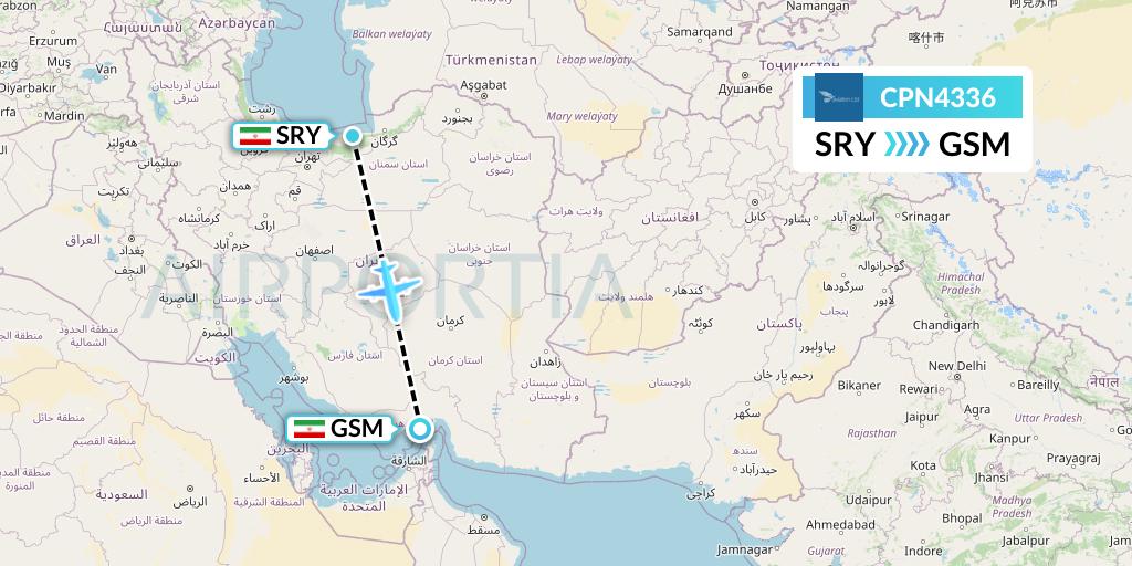 CPN4336 Caspian Airlines Flight Map: Sari to Qeshm Island