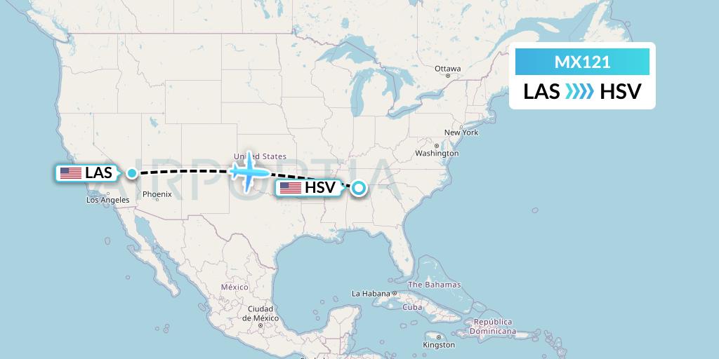 MX121 Breeze Airways Flight Map: Las Vegas to Huntsville