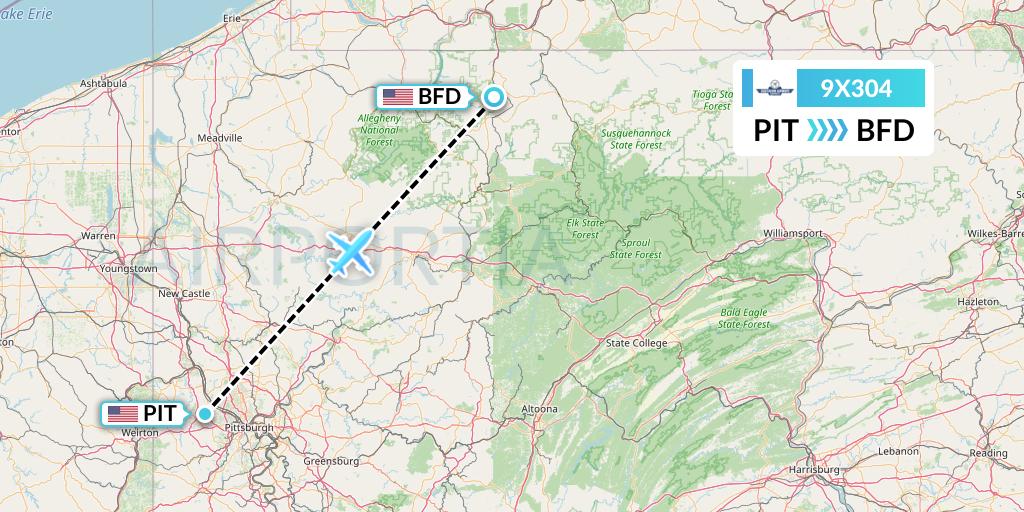 9X304 Southern Airways Express Flight Map: Pittsburgh to Bradford