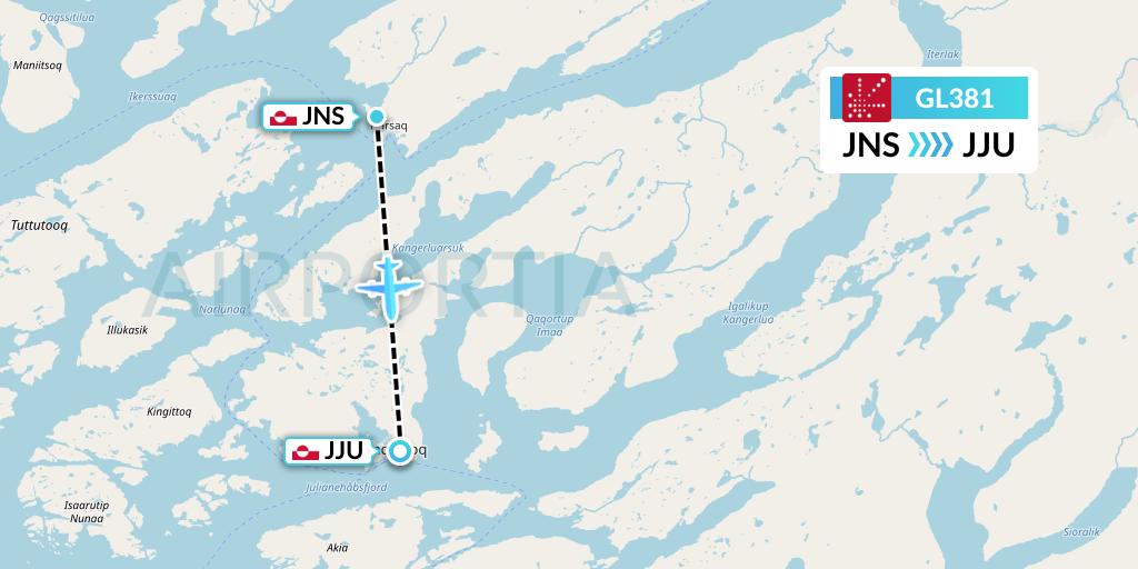GL381 Air Greenland Flight Map: Narsaq to Qaqortoq