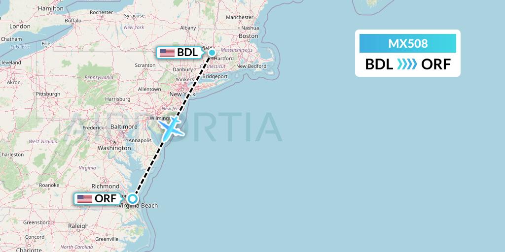 MX508 Breeze Airways Flight Map: Windsor Locks to Norfolk