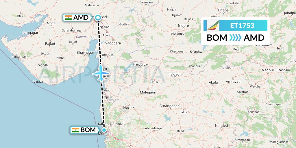 ET1753 Ethiopian Airlines Flight Map: Mumbai to Ahmedabad