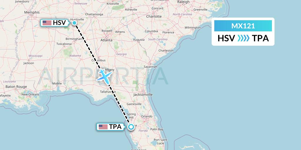 MX121 Breeze Airways Flight Map: Huntsville to Tampa