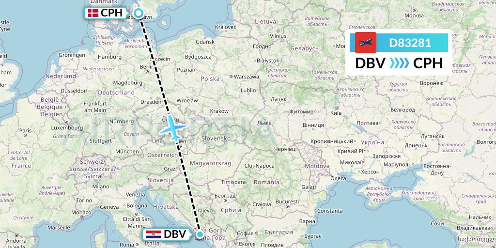 D83281 Norwegian Air International Flight Map: Dubrovnik to Copenhagen