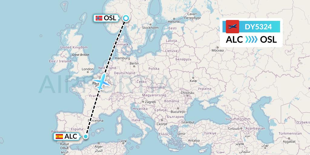 DY5324 Norwegian Flight Map: Alicante to Oslo
