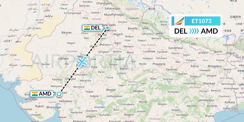 ET1073 Ethiopian Airlines Flight Map: Delhi to Ahmedabad
